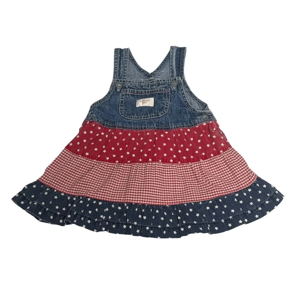 OshKosh Baby Girls Patriotic Denim Tiered Star Gingham Jumper Dress 3-6M Y2K